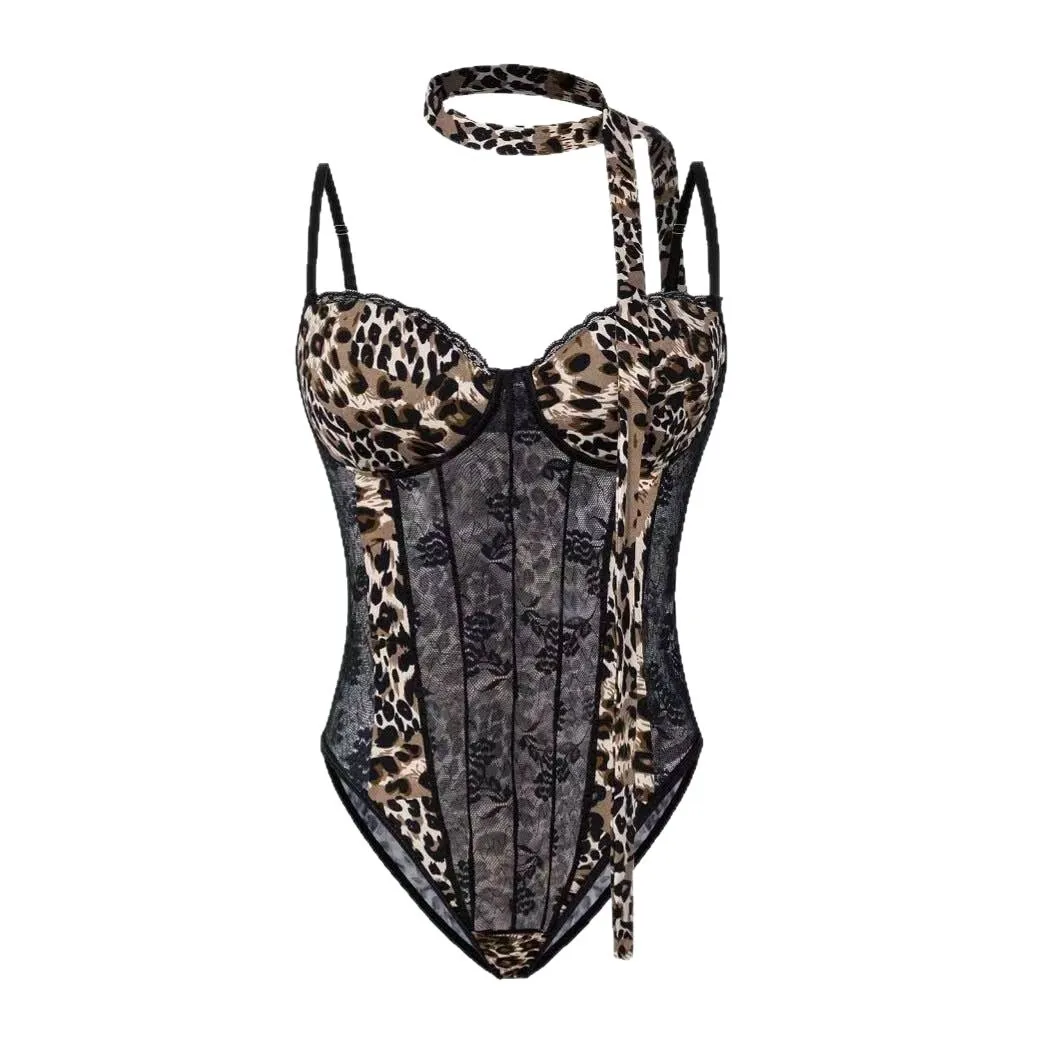 

Sexy Leopard Print Lace Bodysuits With Breast Pads For Girls, Hot Mesh Suspender Transparent Bodysuits Pure Desire Charming OOVV