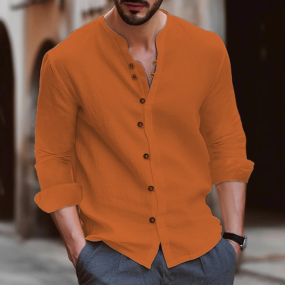 Retro Style Summer Men\'s Casual Cotton Linen Shirt Mock Neck Solid V-Neck Long Sleeve Loose Top Handsome Shirt US Size S-3XL