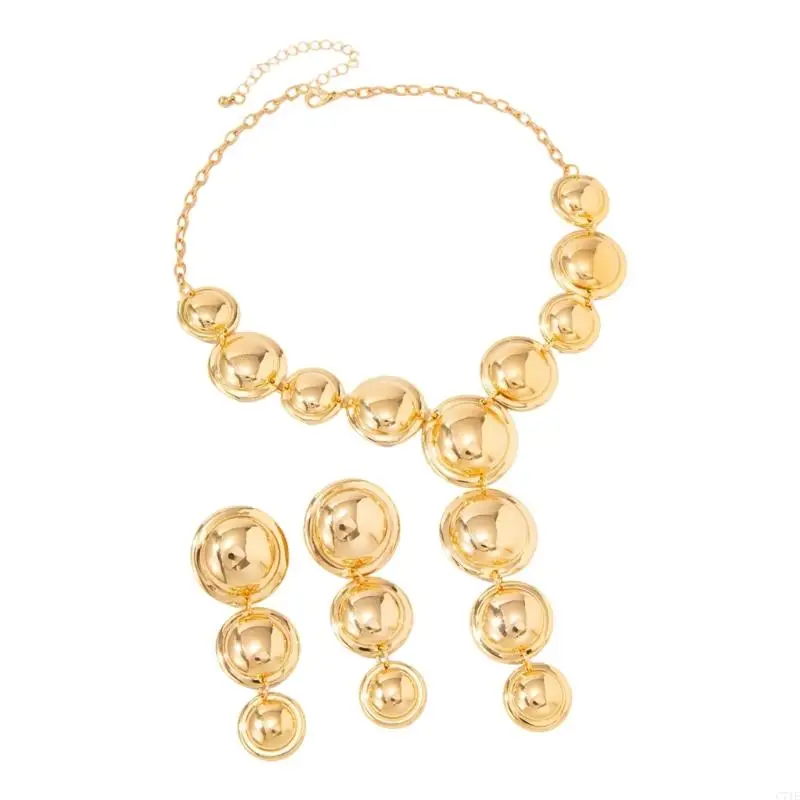 Dynamic Geometric Round Necklace and Earrings Set Including Adjustable Y and Flowing Tassels for Fashion Outfits