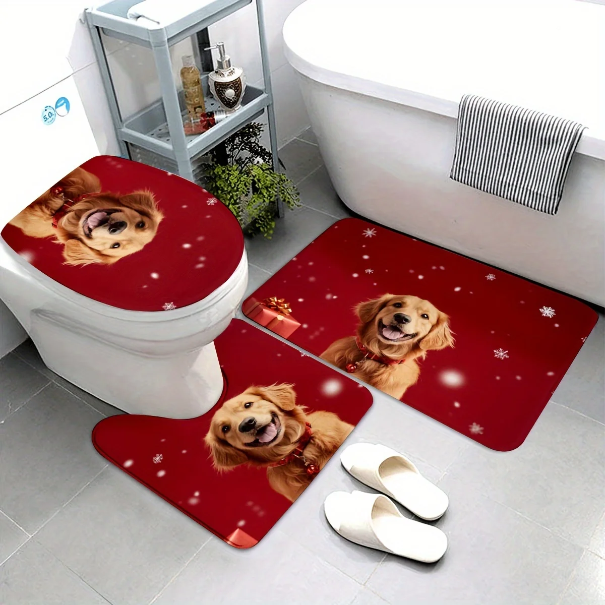 

3-piece set with cute dog prints, U-shaped mats, non-slip mats, toilet seat covers, suitable for bathroom decoration