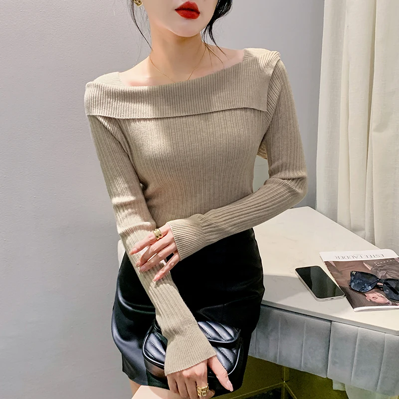 2023 New Fall Winter Knitted Sweater Fashion Sexy Patchwork Off Collar Shiny Diamonds Women Long Sleeve Irregular Slim Tops 3910