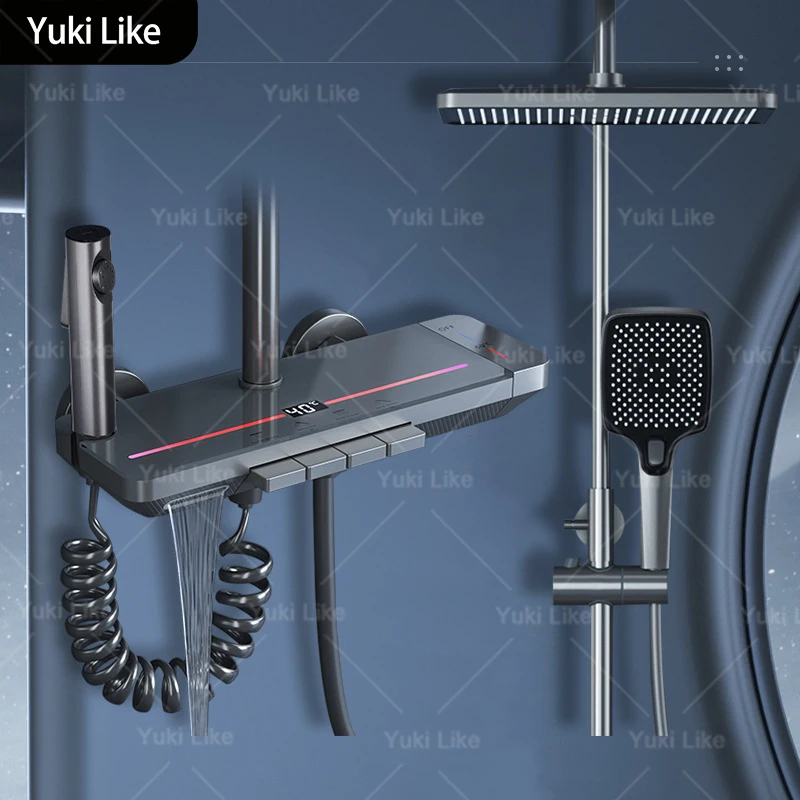 

Bathroom Gunmetal Gray Ambient Lighting Household Shower Set Pressurize Smart Digital Display Hot and Cold Shower System Set