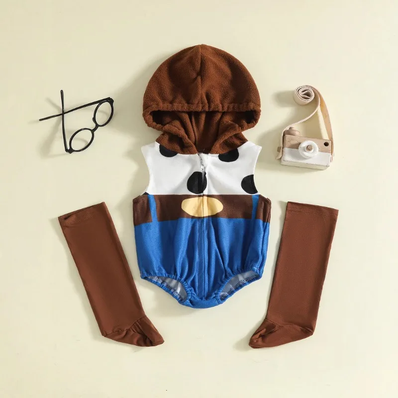 Newborn Infant Baby Boys Girls Animal Romper With Leg Warmers Set Brown Blue Sleeveless Hooded Bodysuit Outfit 0 24M