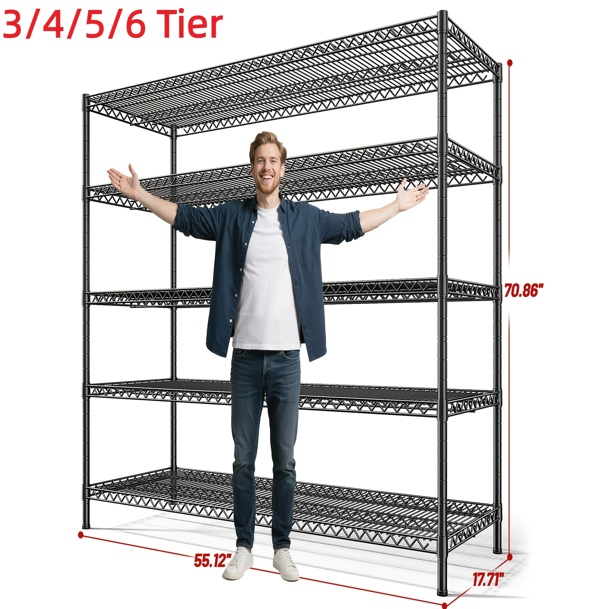 

3/4/5/6 Tier Storage Shelves Metal Shelving Unit, Durable Wire Shelving for Storage Rack Adjustable Garage Shelving Heavy Duty f