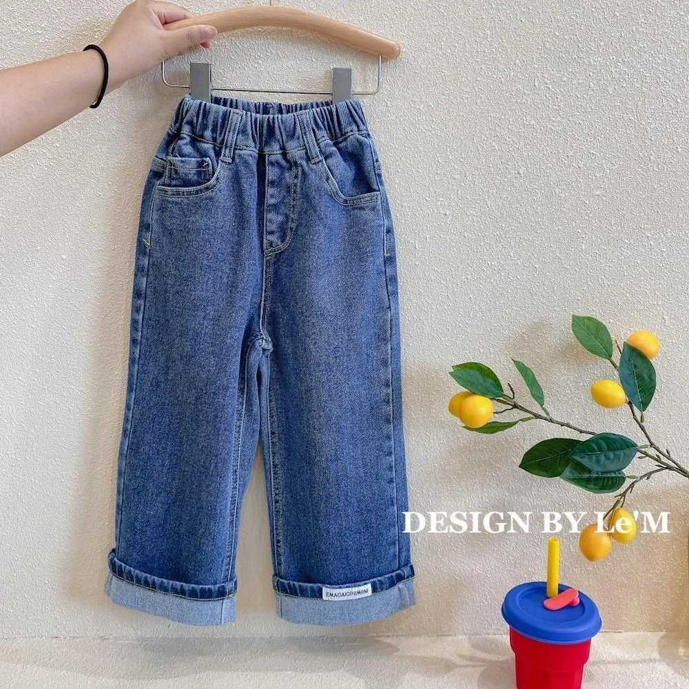 Spring and Autumn Girls' Clothing Jeans Baby Western Style Children's Korean Version Flanged Straight Tube Wide Legs