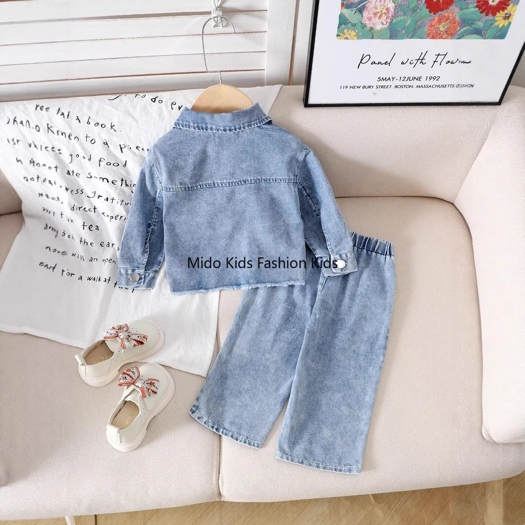 2026 Spring Autumn INS Fashion Girls Denim Set, Embroidery Bow Long Sleeve Jacket & Pants for 6M-3Y