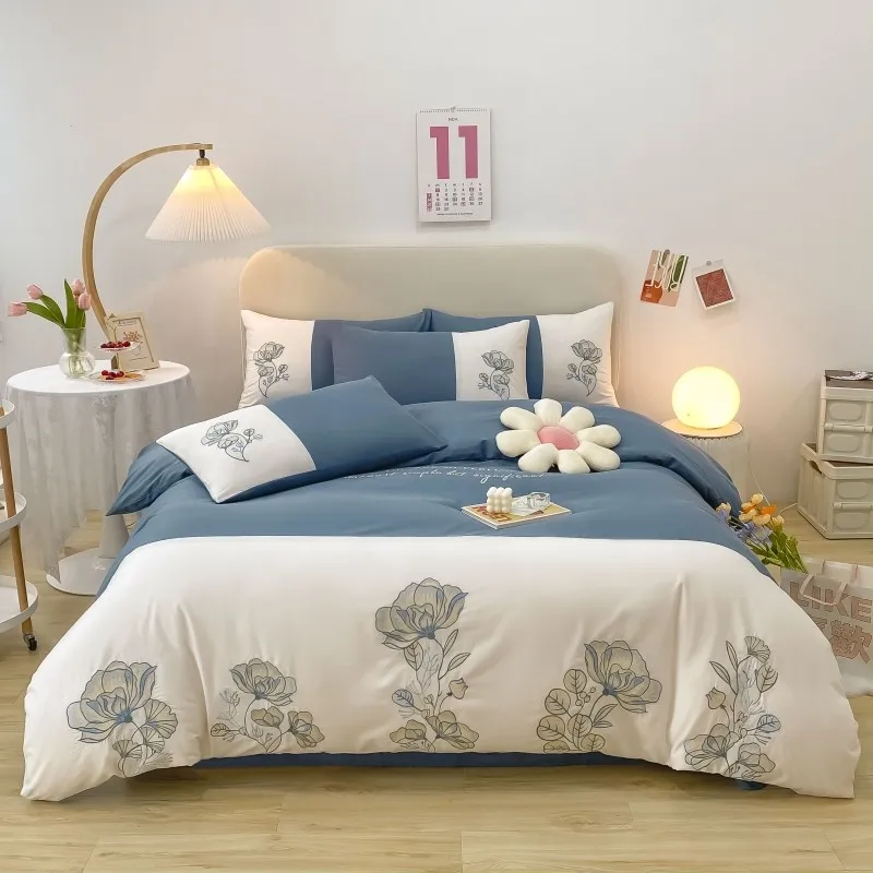 

100%Cotton Patchwork Duvet Cover Premium Soft 4Pcs Bedding set Elegant Flowered Embroidery Comforter Cover Bed Sheet Pillowcases