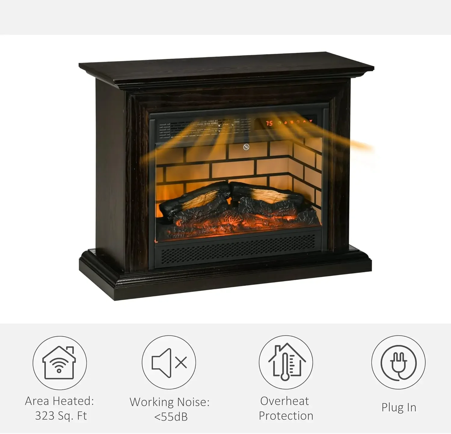 Fireplace with Dimmable Flame Effect and Mantel, Freestanding Space Heater with Log Hearth and Remote Control, 1400W, Brown