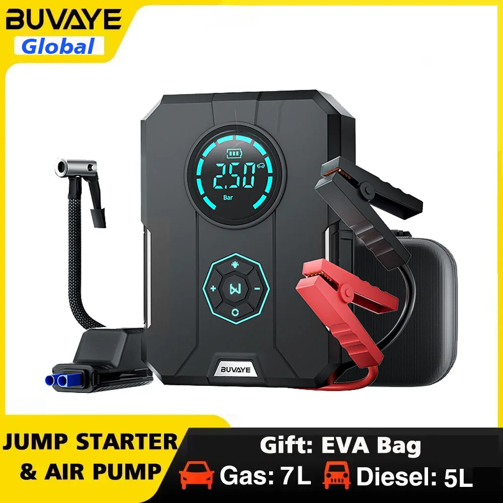 BUVAYE-Démarreur de voiture 6 en 1, pompe à air, compresseur d'air portable, banque d'alimentation, démarreurs de batterie de voiture, démarrage automatique, gonfleur