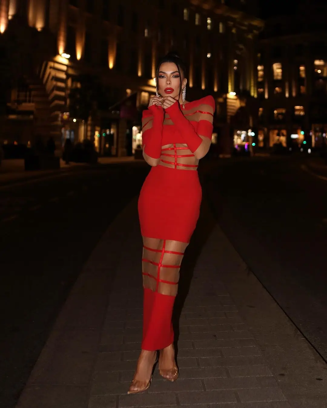 Red Black White Color Women Long Sleeve Sexy Mesh Bodycon Long Dress Nightclub Party Fashion High Street Photo Shoot Dress