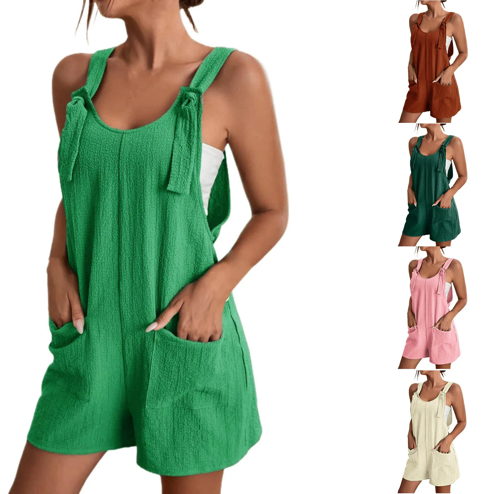 

Women Bohe Loose Overalls Solid Color Square Collar Playsuits Sleeveless Rompers Summer Casual Clothes Jumpsuit With Pocket