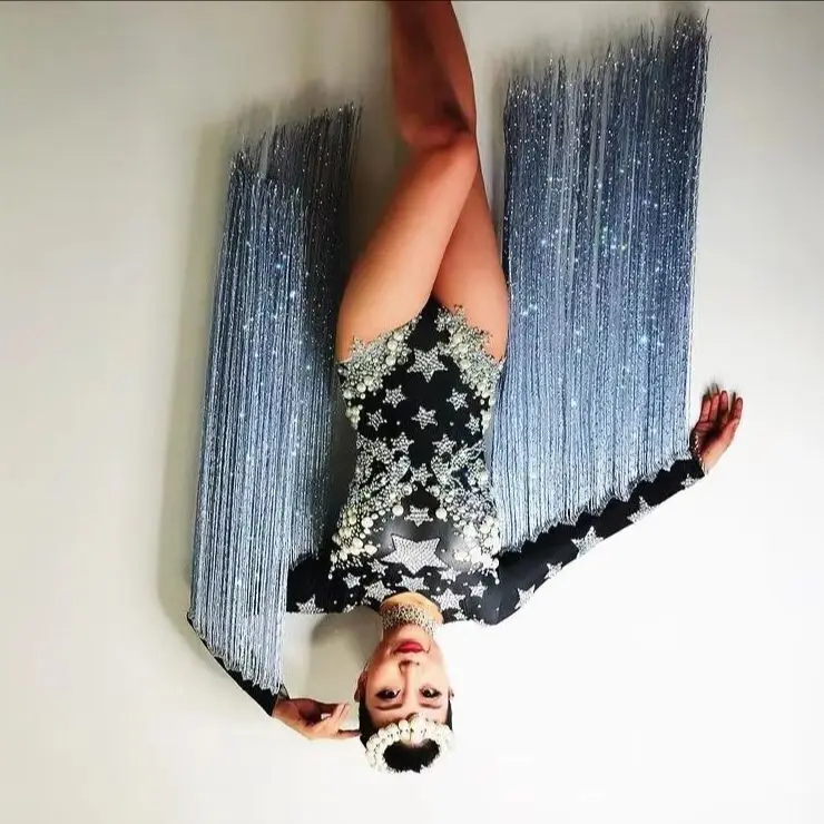 

Crystals Stars Bodysuit Women sexy Gray Tassel Stage Dance fringes Leotard Nightclub Party Female Singer Cos Celebrate Outfit