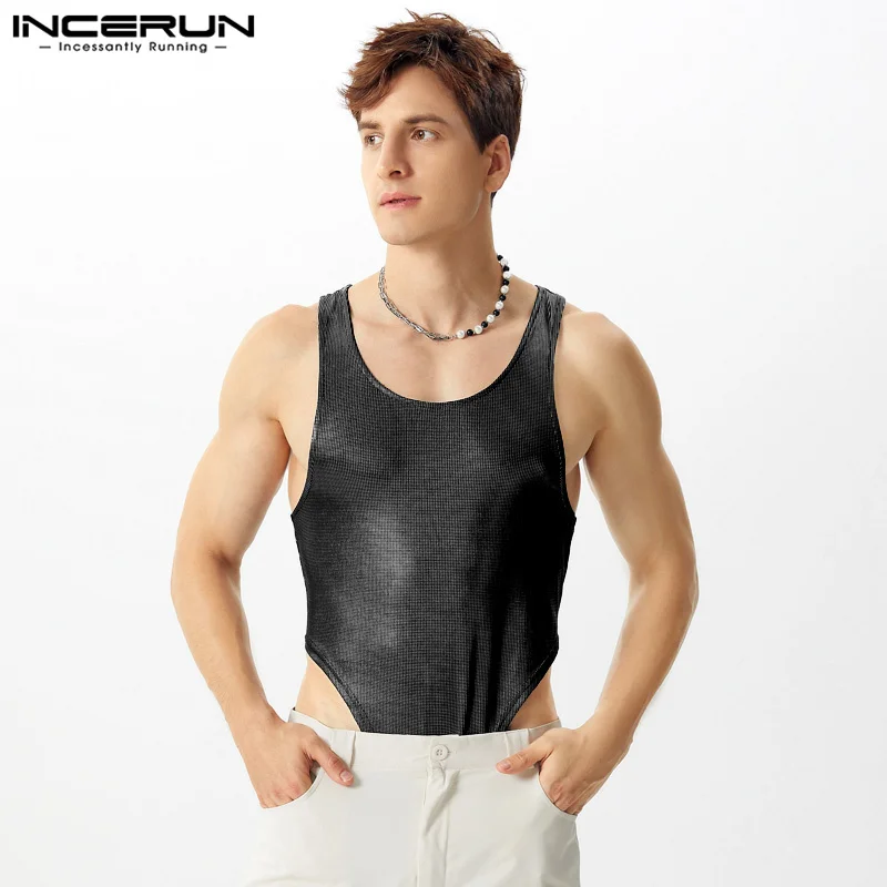 INCERUN Men Bodysuits Sequin O-neck Sleeveless Fitness Sparkling Sexy Rompers Tank Tops Men Streetwear 2025 Male Bodysuits S-5XL