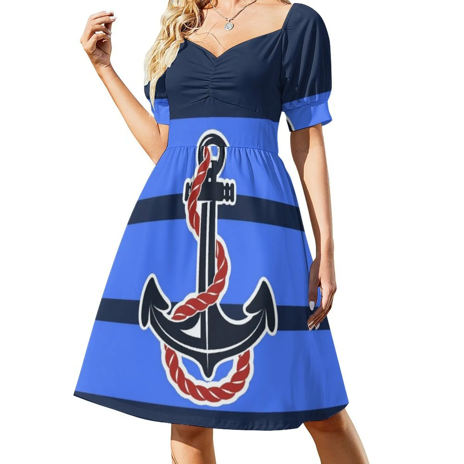 فستان بوهيمي بدون أكمام بخطوط زرقاء كحلي للنساء مطبوع عليه فساتين حفلات الشاطئ الاستوائية الزرقاء الداكنية هاواي