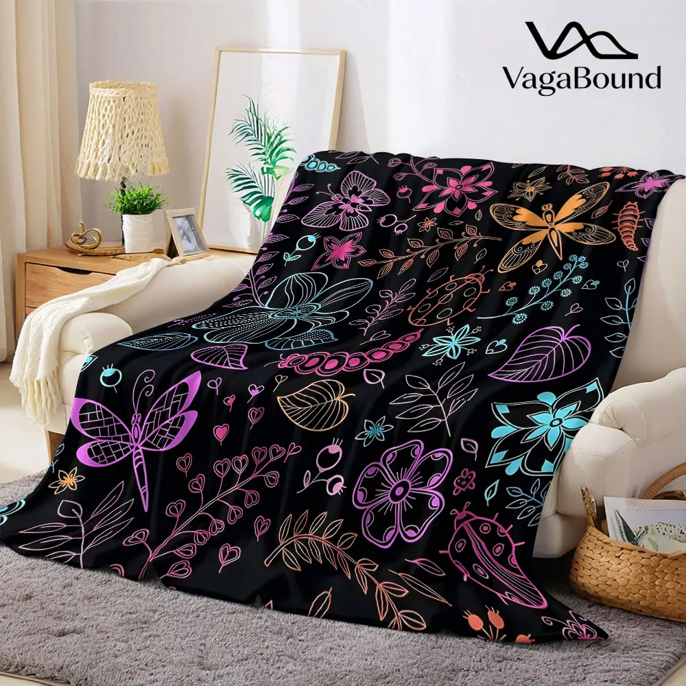 Neon Line Bug Floral Black Base Flannel Blanket Warm Soft Halloween Christmas Decorative Couch Warm Cozy All-Season Gift