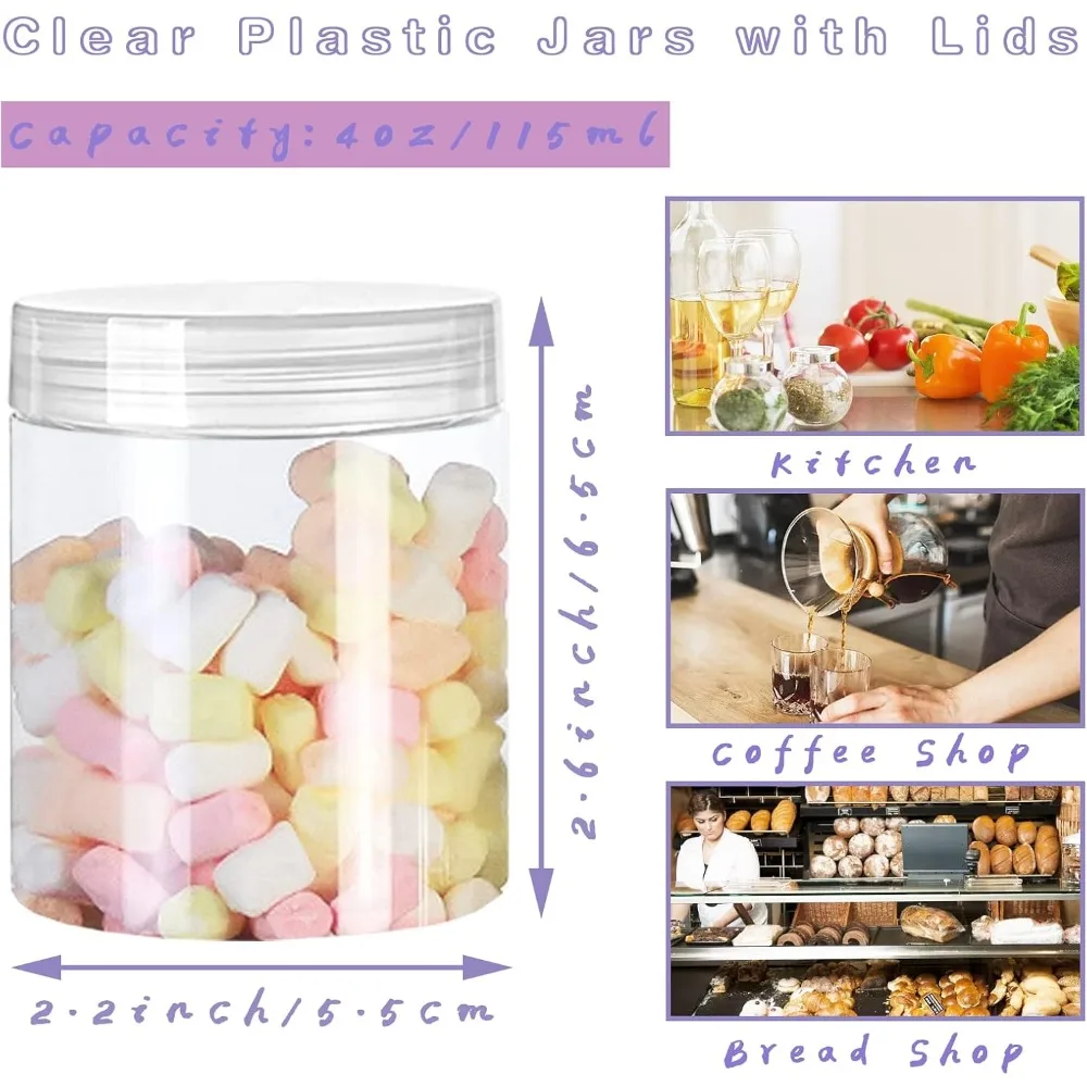 20 Pack 4oz Clear Plastic Jars with Lids 115ml Wide Mouth Empty Round Containers for Candy Beads Lotion Slime Making Food Storage Refillable Containers view 2