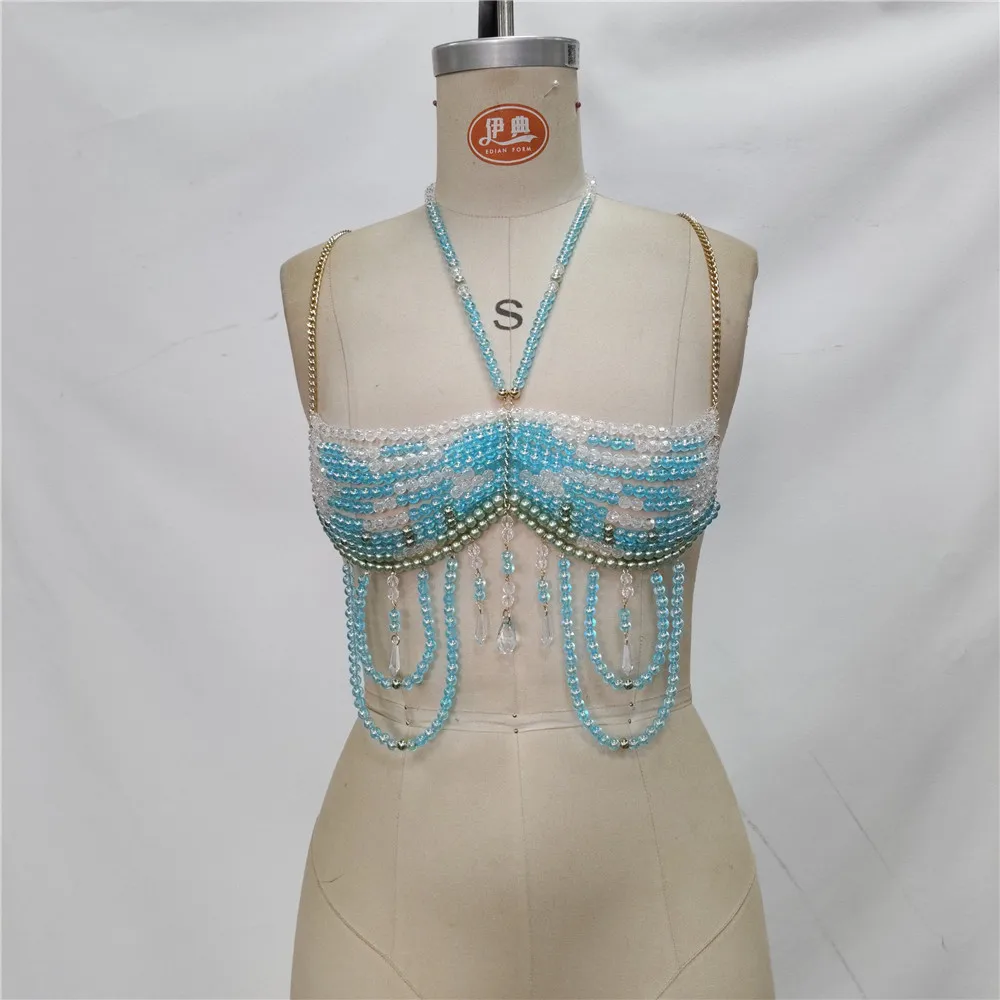 Beaded Chest Chain Neck Hanging Bead Chain European And American Beach Vacation Women'S Blue And White Gradient Bead Vest