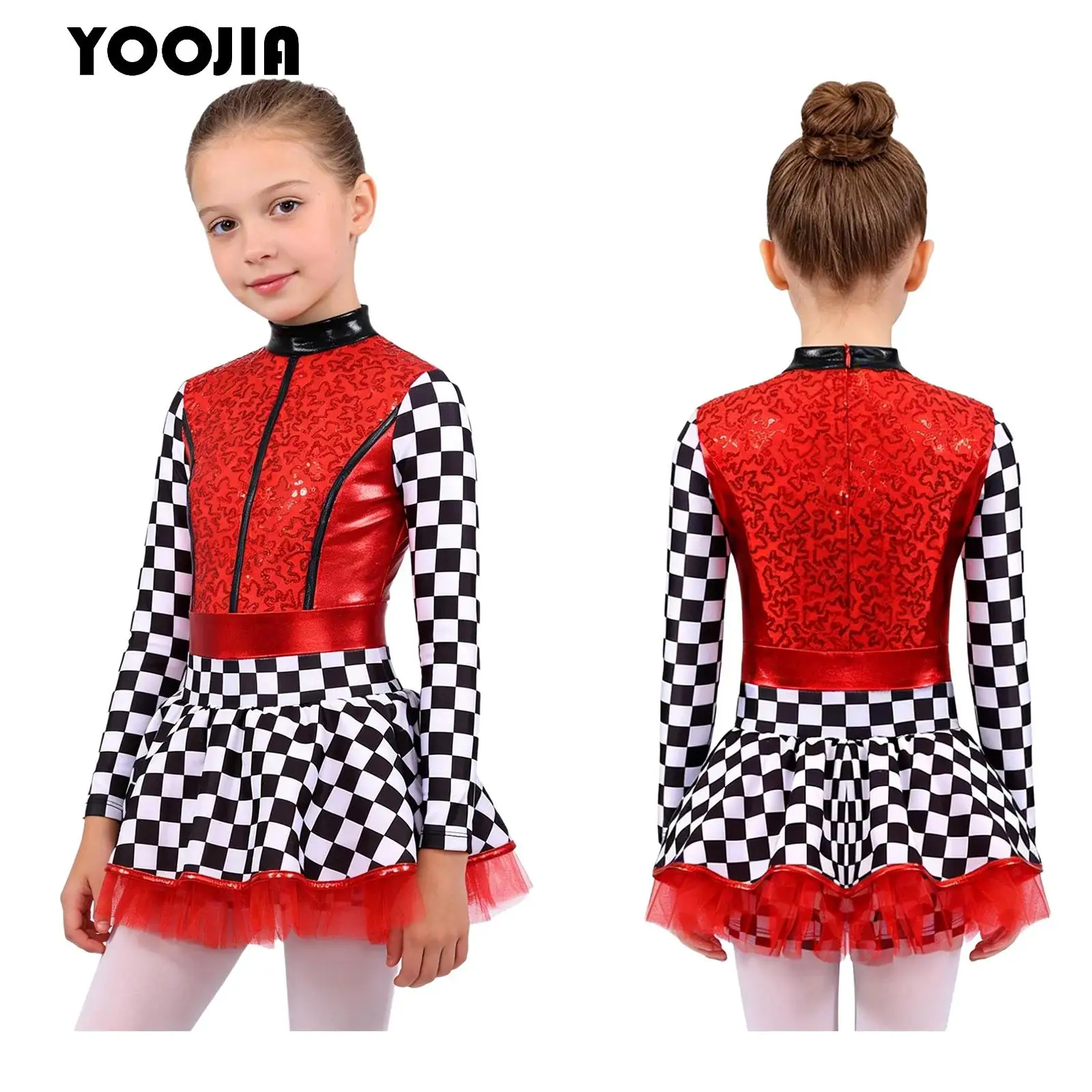 Kids Girls Checkerboard Racer Costume Halloween Race Car Driver Jumpsuit Sequin Ballet Leotard Tutu Dress for Stage Performance