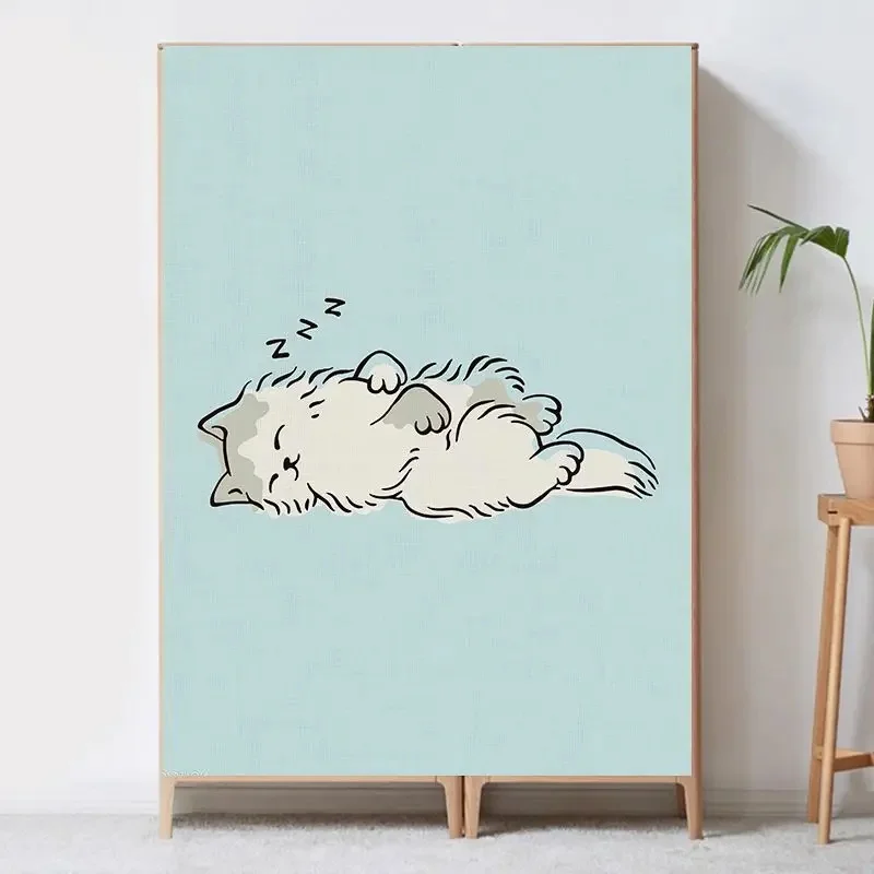 VIKAMA Cute Cartoon Cat Cabinet Curtain Cat Trying to Grab Fish Print Fabric Dust-proof Curtain Home Storage Decor