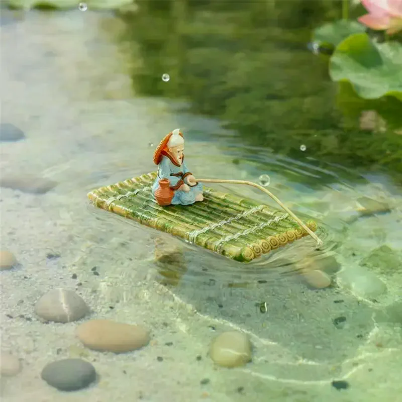 1 Set Feeding Platform Floating Bamboo Raft Fishing Ornament For Miniature Landscape Decoration Garden Statue Outdoor Decor