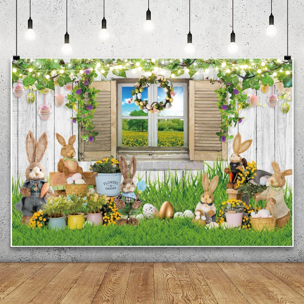 Happy Easter Day Photography Backdrop Spring Floral Green Grass Bunny Colorful Eggs Wood Fence Kid Portrait Photocall Background