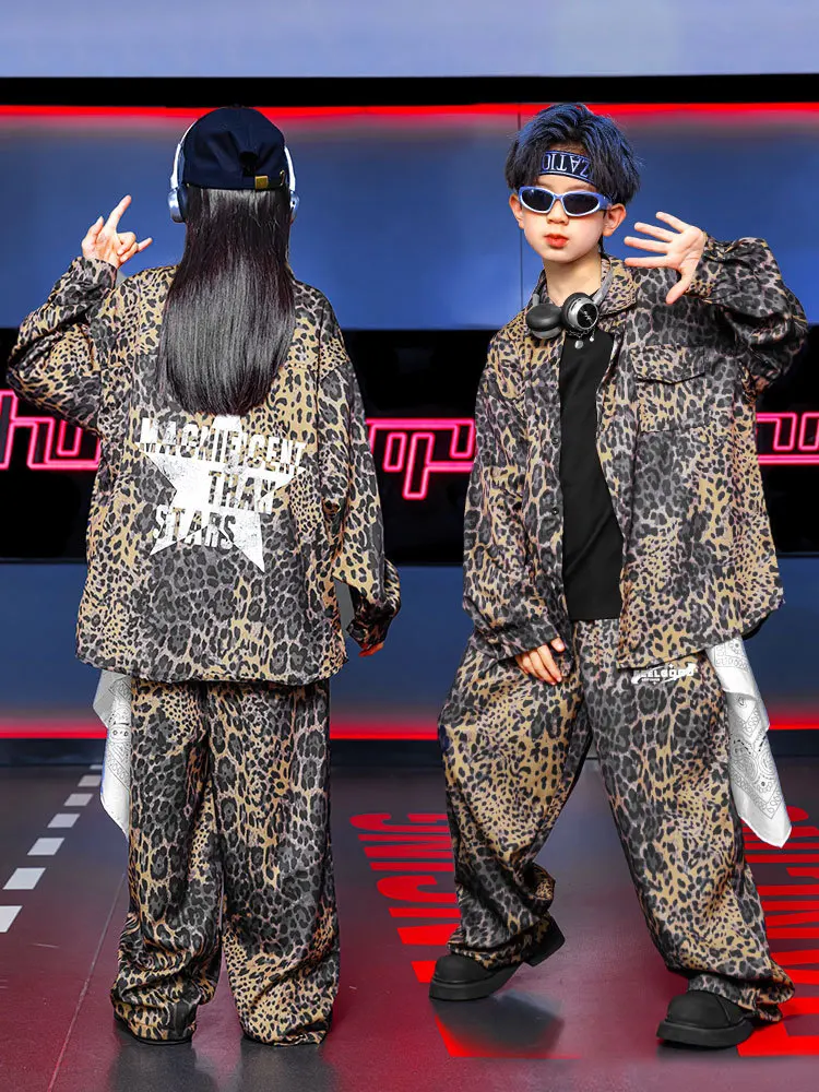 Hip Hop Boys Retro Leopard Print Set K-pop Shirt Tops Pants Child Street Dance Kids Streetwear Girl Group Jazz Clothes