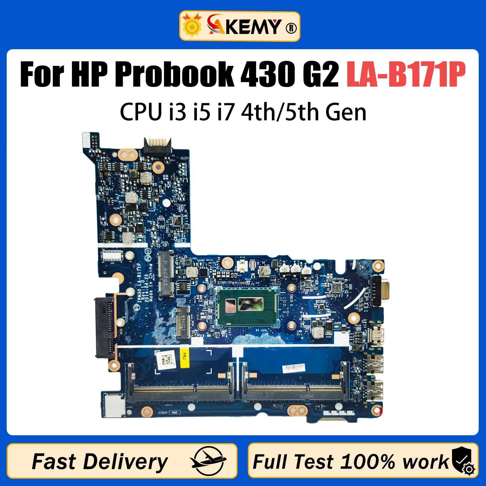 AKEMY For HP Probook 430 G2 Laptop Motherboard LA-B171P 774515-001 798060-601 Mainboard With i3 i5 i7 4th/5th Gen CPU