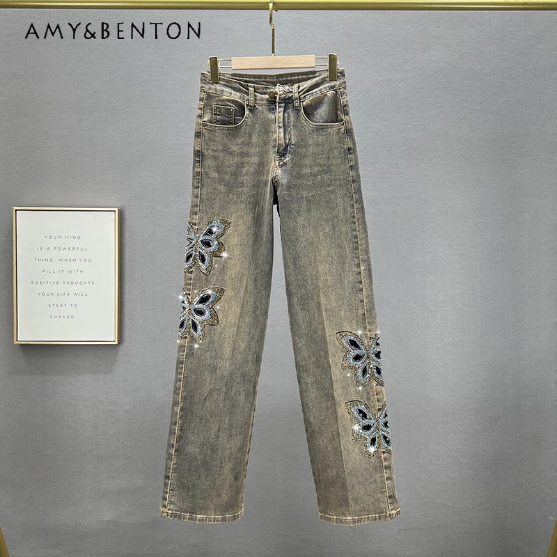 

Ultra-Thin Denim Straight-Leg Pants New Summer High Waist Loose Slimming Retro Distressed Hot Rhinestone Lengthened Jeans Female