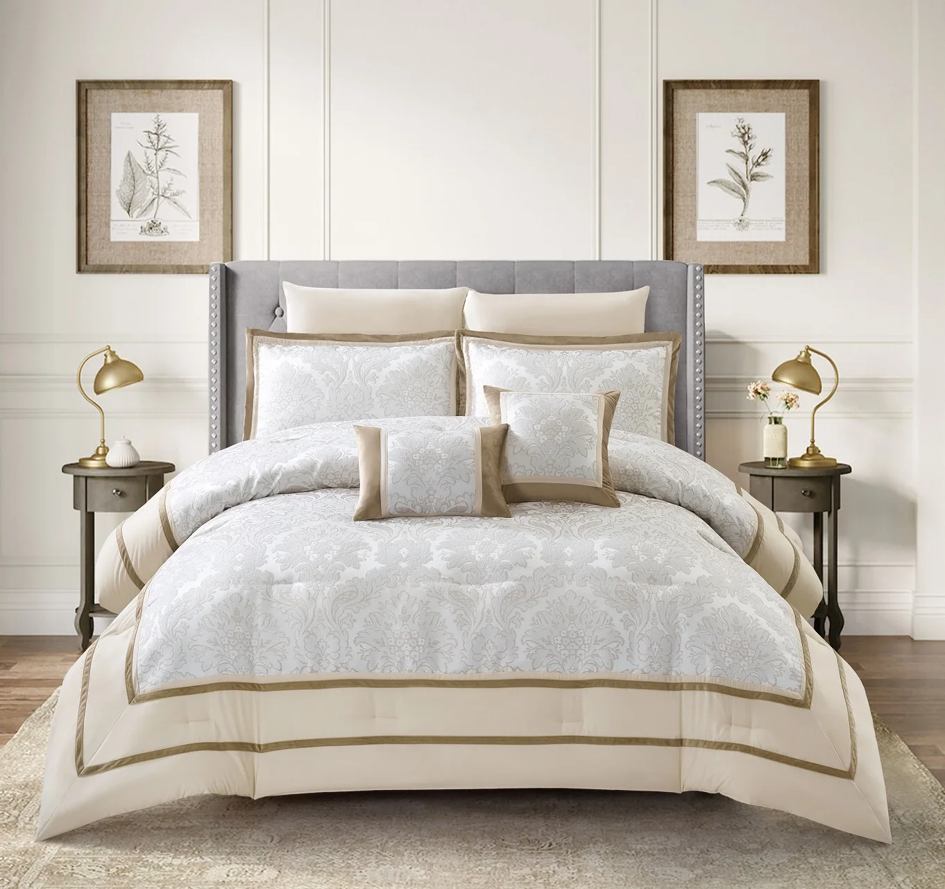 Bedding Quilting Jacquard Comforter Set 8 Pcs Bedroom Polyester Woven Plant Plain