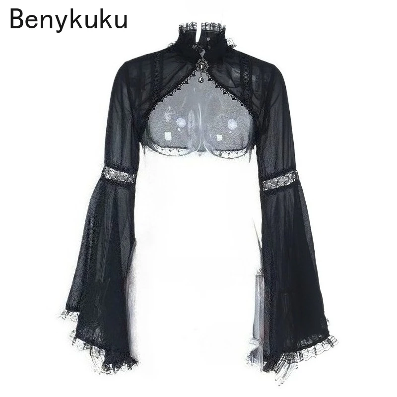 Gothic Vintage Smock Shrug Women Dark Grunge Emo Ace Patchwork Bolero Flare Sleeve Shawl Goth Clothes Y2k Crop Top Female Coat