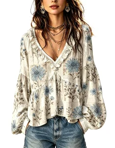 Blusa de outono com decote em V, camisa de manga comprida para mulher, blusa de primavera, peça casual, elegante, moderna, para usar no dia a dia e em