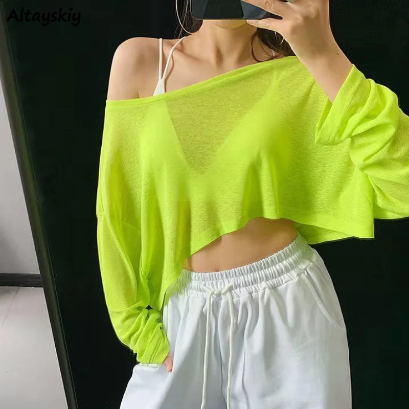 

T-shirts Women Sheer Hotsweet Streetwear Skew Collar Casual Loose Spring Fashion Korean Style Female Crop Tops Sexy Simple Daily