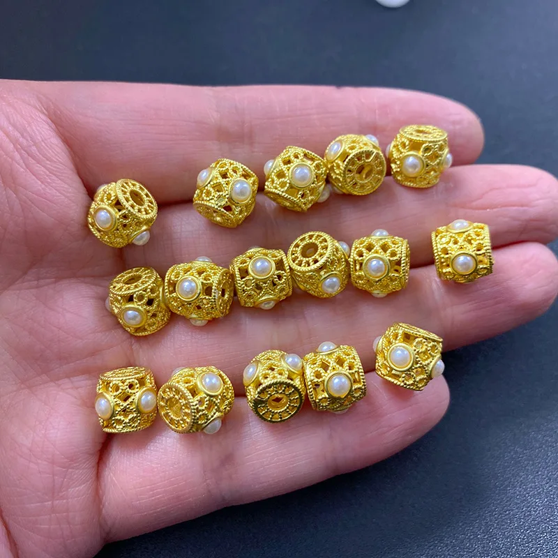 Chinese Traditional Good Luck Fortune Blessing Vintage Gold Plated Hollow Filigree Shell Pearl Spacer Beads For Diy Bracelet Nec