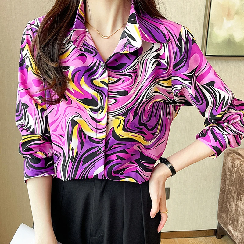 EVNISI Women Elegant Long Sleeved Slim Shirt Button Chic Floral Printed Fairy Blouse Polo Collar Women Office Tops 2024 Summer