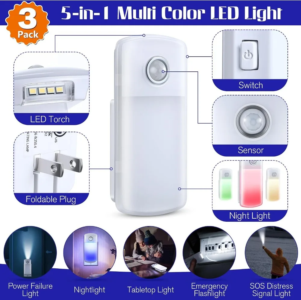 5-in-1 Emergency LED Night Light, Rechargeable Flashlight with Motion Sensor, Auto On/Off for Power Outages, 3 Pack
