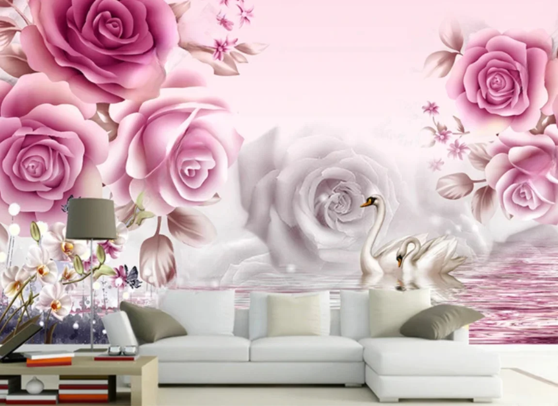 

Custom mural Modern romantic dream flower swan Lake water pattern reflection bedroom background wall decorative 3d wallpaper