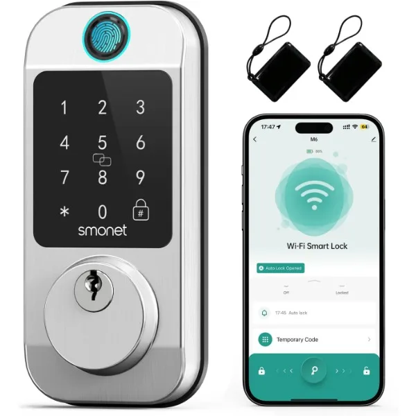 

Smart Lock WiFi Fingerprint Deadbolt: SMONET Keyless Entry Front Door Locks, 10-in-1 Bluetooth Deadbolt with APP Remote Control