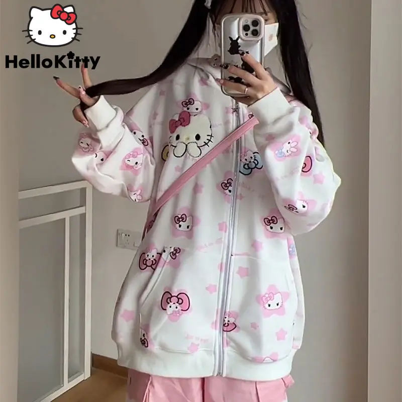 Sanrio Hello Kitty Zip Up Hoodies Women Spring Autumn Fashion Sweatshirts Cartoon Full Print Aesthetic Cardigan Shirts Y2k Tops