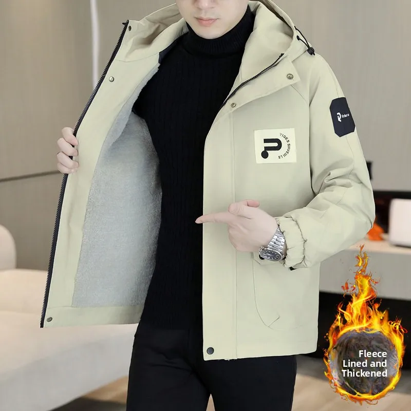 

Men's High-End Fce-Lined Thiened Jaet Autumn Winter New Sle Workwear Hooded Coat Warm Simple Ox Fabric Polyester...
