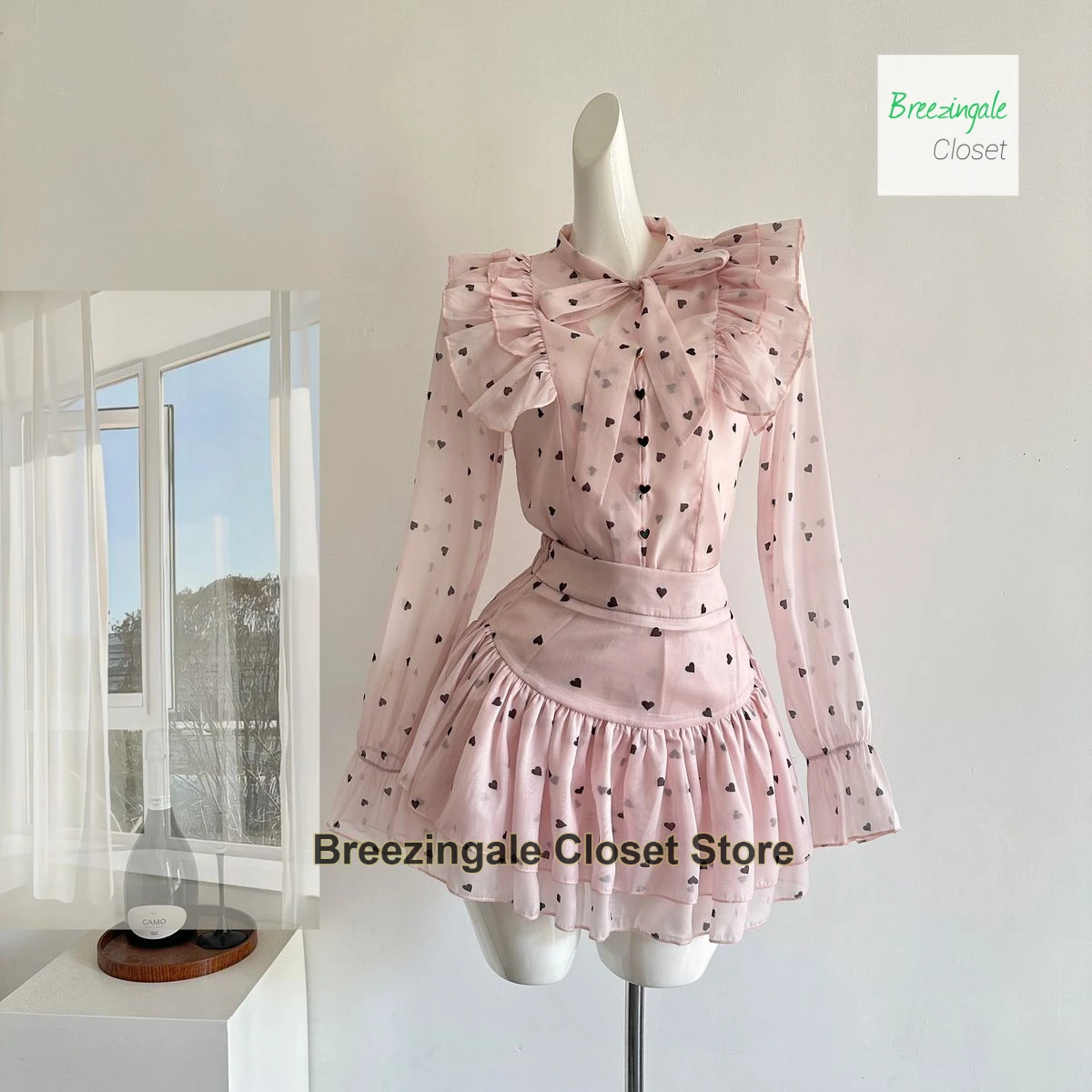 French pink dopamine love polka-dot shirt short skirt women's summer new fashion sense Joker girl sense wear two-piece suit.