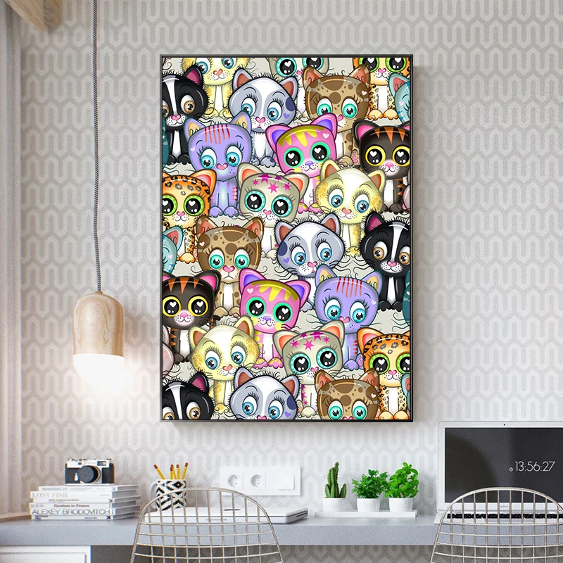 Abstract Cute Crowded Cats Cartoon Poster Canvas Painting Kawaii Animal Wall Picture Print For Kid Nursery Room Home Decoration