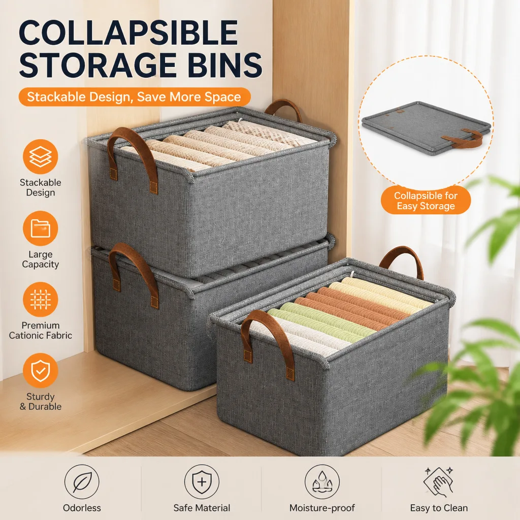Cationic Fabric Storage Box with Lid, Foldable Clothes Sorting Basket, Divided Compartment Steel Frame Organizer Bin for Closet