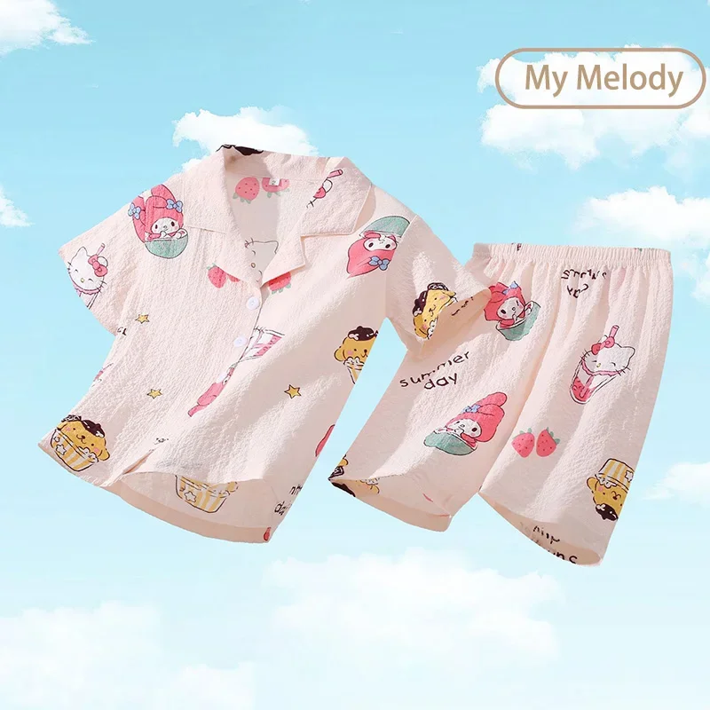 Sanrio Cinnamoroll Pajamas Sets Summer Children Cute Anime Kuromi My Melody Cardigan Short Sleeve Sleepwear Girls Boys Homewear