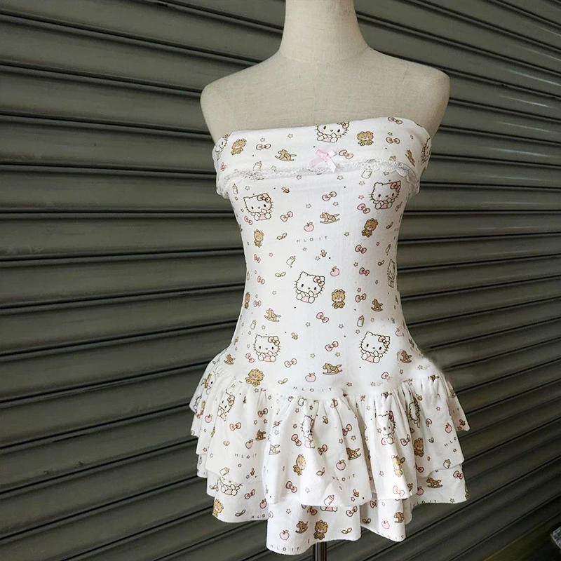 

Y2K японское ретро кавайное платье без бретелек с принтом котенка, облегающая юбка-тортик, женское сексуальное мини-платье в стиле Харадзюку, милое