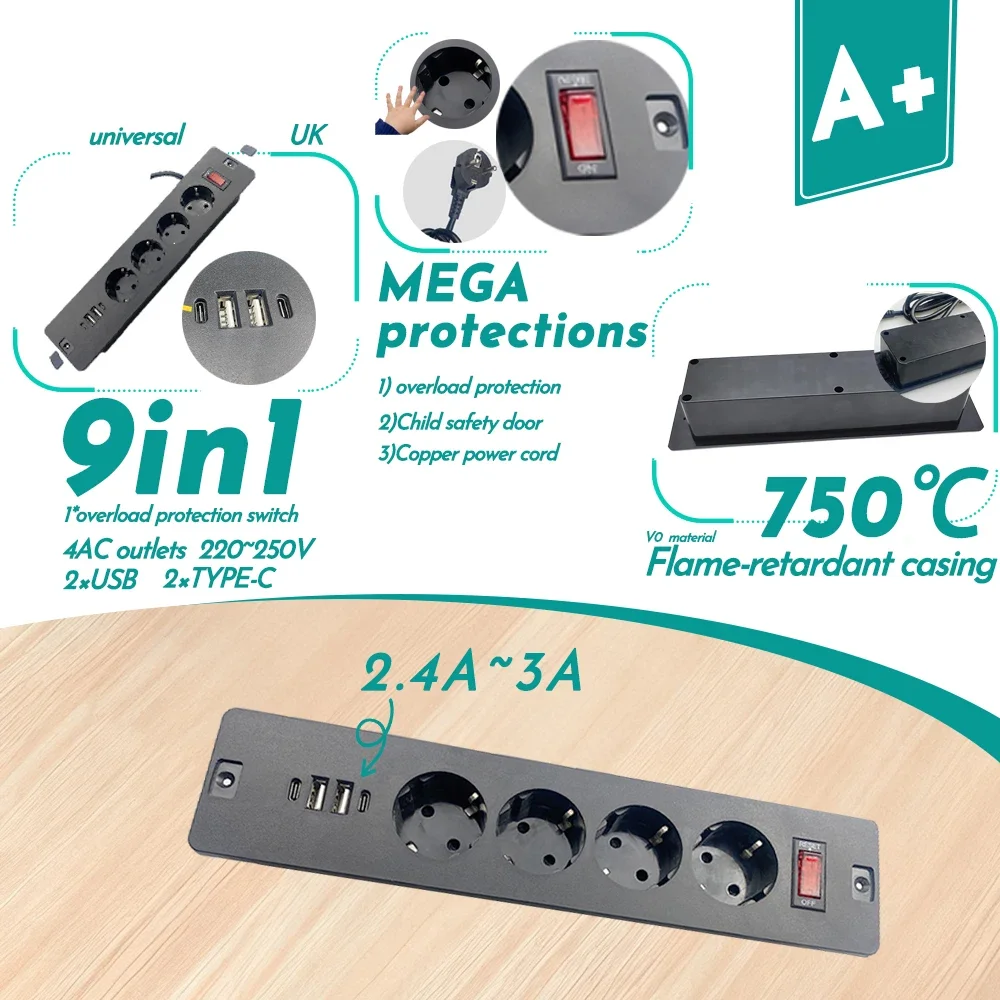 EU KR Built-in Table Recessed Power Socket Sofa Desktop Sockets with Overload Protection Extension Strip Outlets 2 USB Type-c
