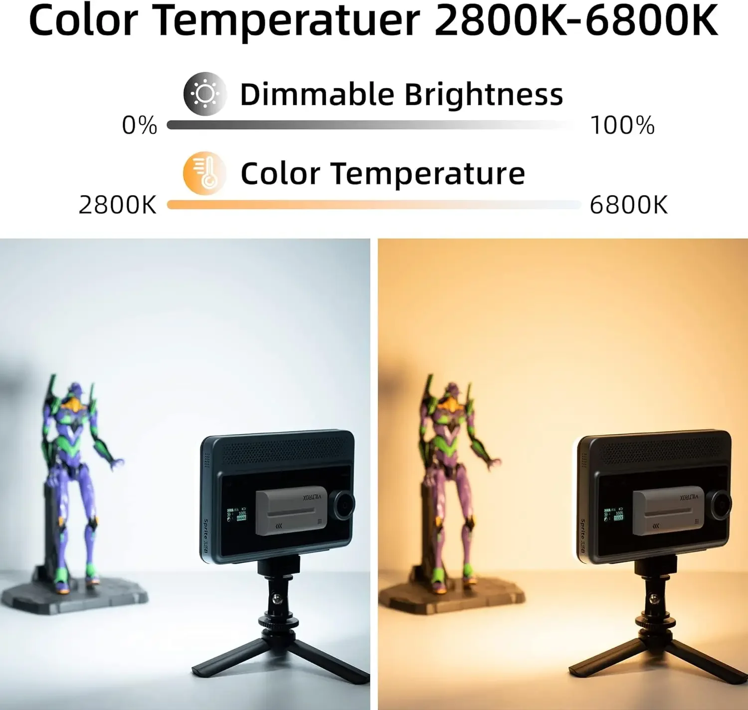 VILTROX Sprite 15B 18W 2800K-6800K CRI 95+ On Camera LED Panel Video Light 1800LUM Smartphone Control LED Dimmable Key Light