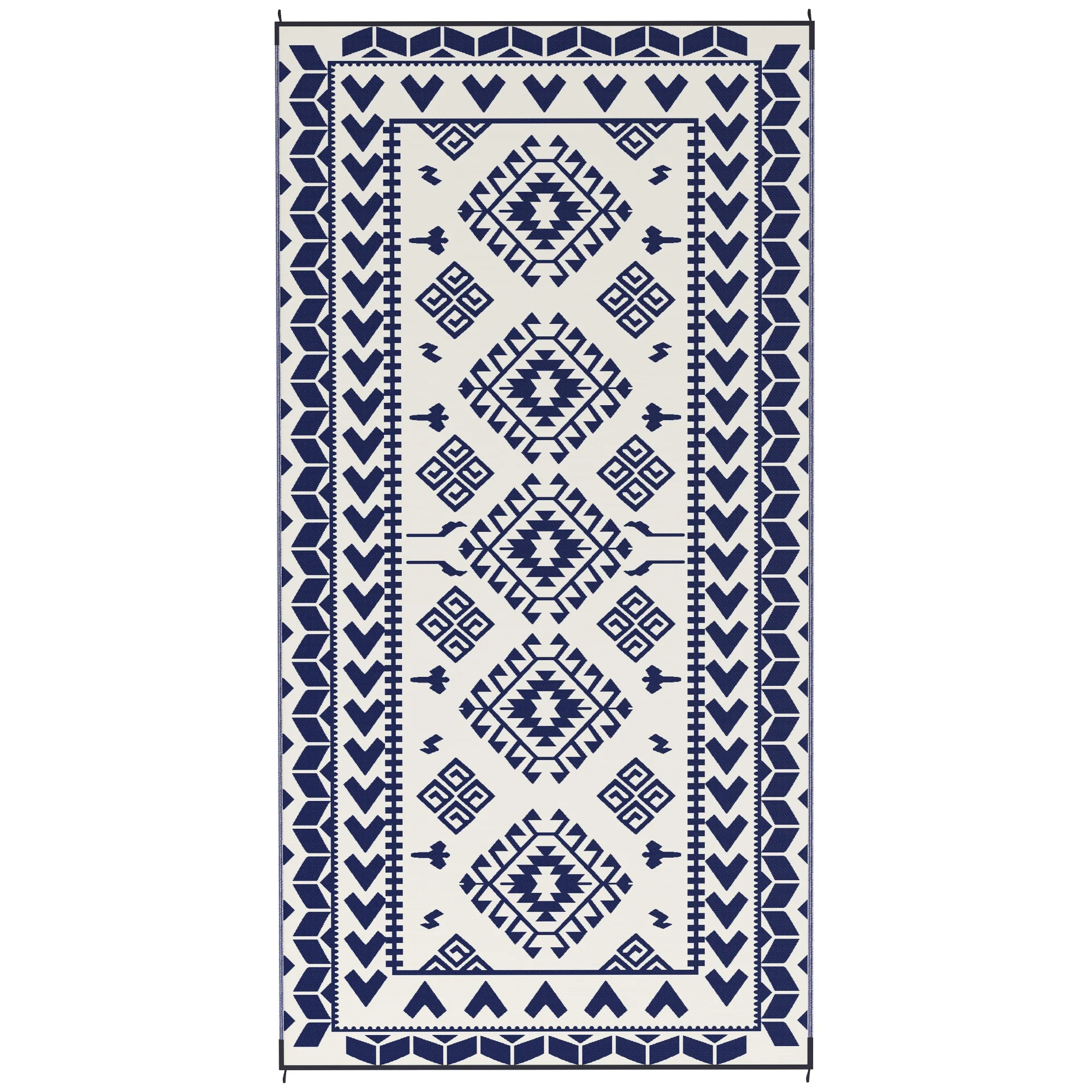 Reversible Outdoor Rug, Waterproof Plastic Straw with Carry Bag, 9' x 18', Blue & White Rhombus Patchwork