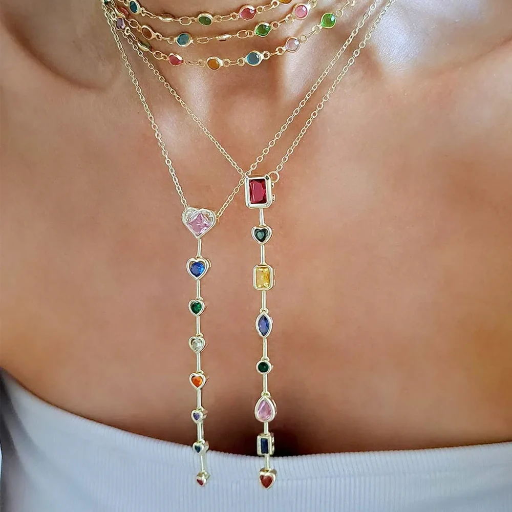 Stainless Steel Y-shaped Long Tassel Rainbow CZ Necklace For Women Fashion Colorful Zircon Pendant Jewelry Party Accessories