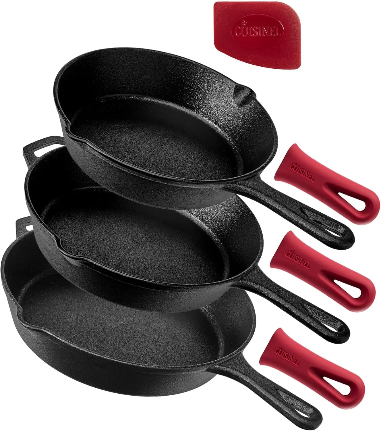 

Набор чугунных сковородок Cuisinel - 8, 10 и 12 дюймов, предварительно обработанные, с силиконовыми накладками на ручки - для использования в помещении/на улице, для духовки