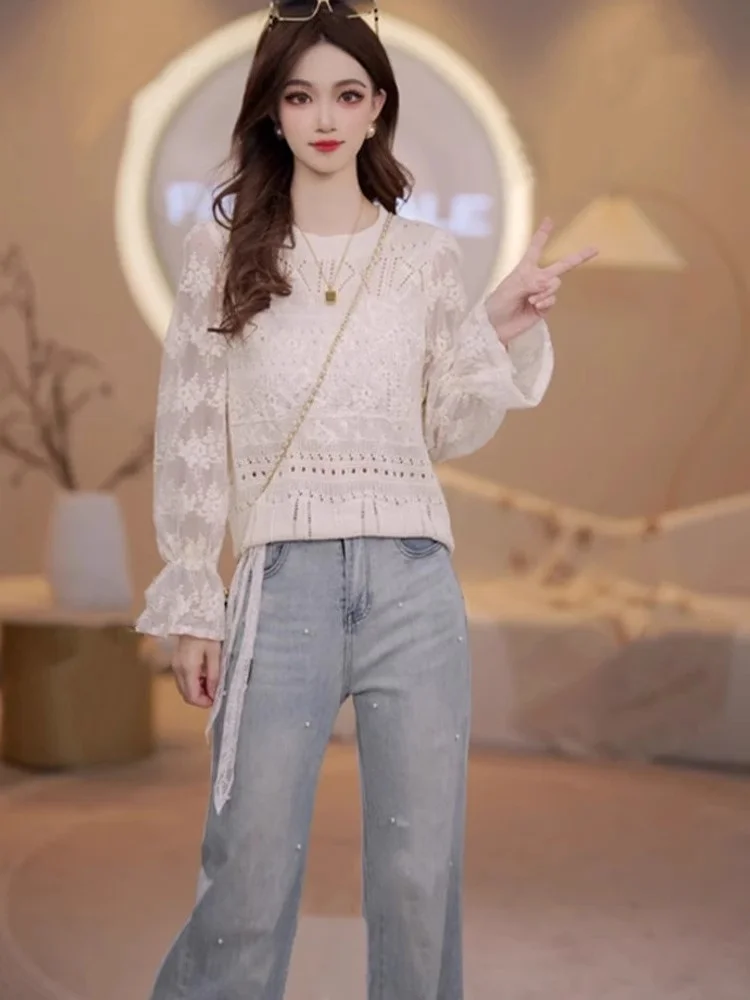 

Модный повседневный кружевной тяжелый рабочий круглый топ Ne Long Sve irt, осень 2023, новый женский топ премиум-класса